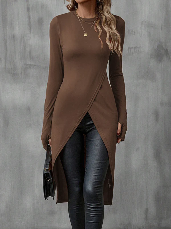 Bodycon High-Low Solid Color Round-Neck T-Shirts Tops - Image 3