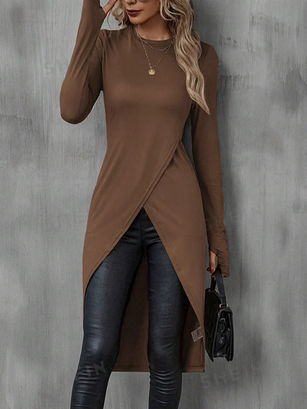 Bodycon High-Low Solid Color Round-Neck T-Shirts Tops - Image 4