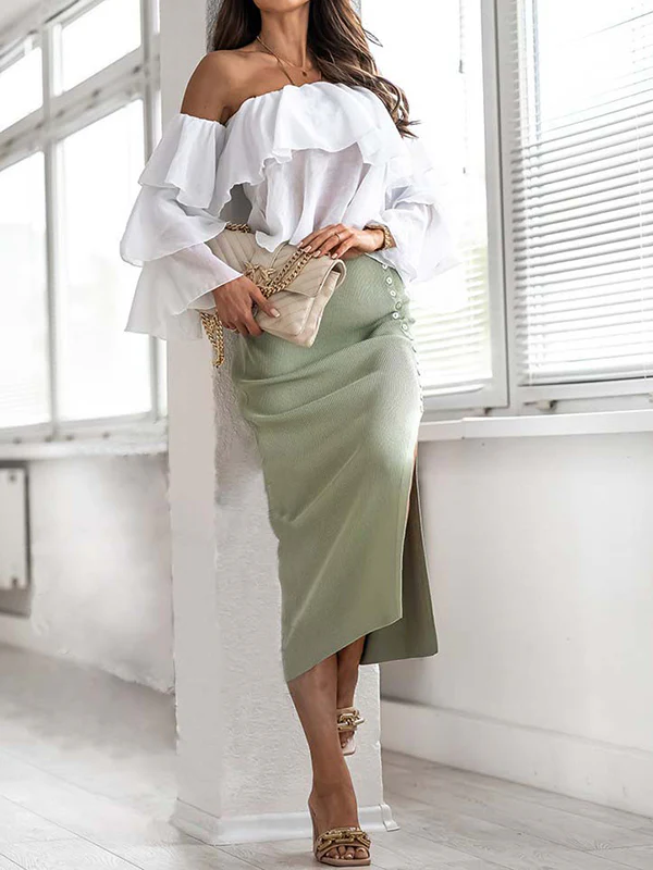 Bodycon High Waisted Asymmetric Buttoned Split-Side Skirts Bottoms - Image 10