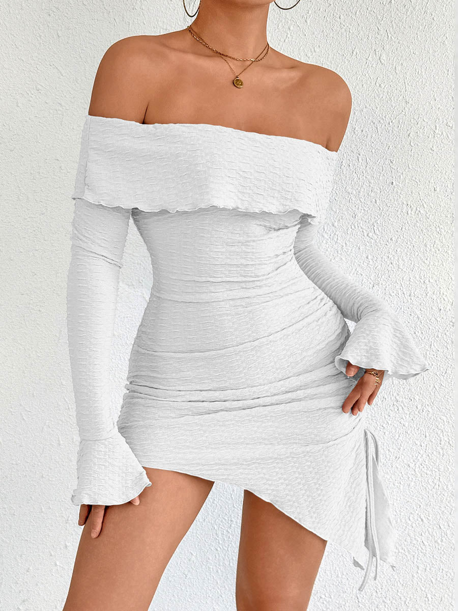 Bodycon High Waisted Asymmetric Drawstring Pleated Solid Color Split-Joint Off-The-Shoulder Mini Dresses - Image 12