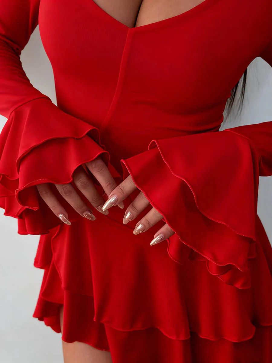 Bodycon High Waisted Asymmetric Pleated Ruffled Solid Color Split-Joint Deep V-Neck Mini Dresses - Image 9