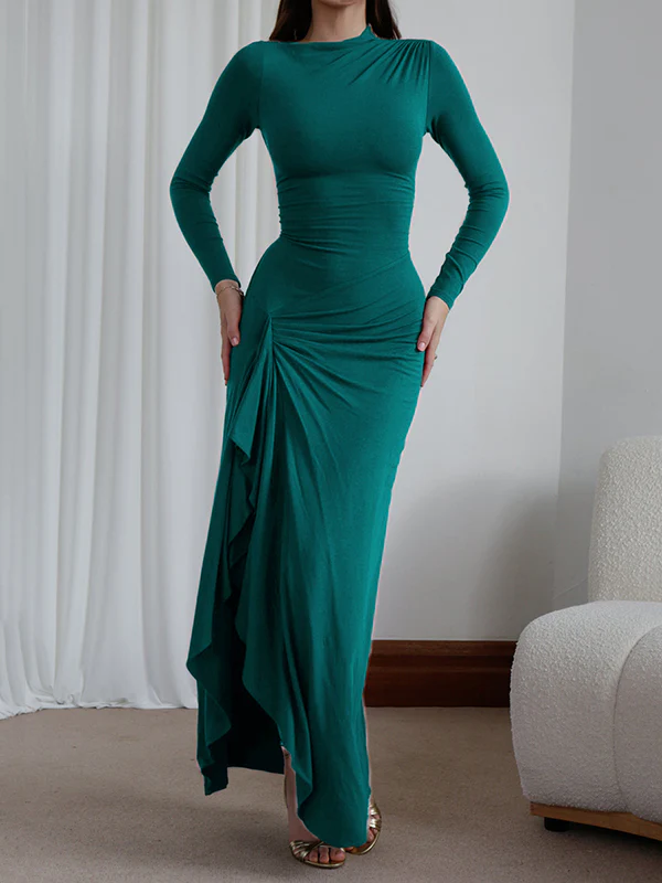 Bodycon High Waisted Asymmetric Pleated Ruffled Solid Color Split-Joint Round-Neck Maxi Dresses - Image 10