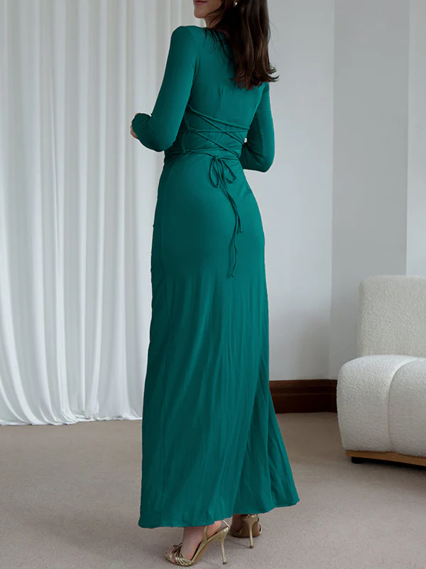 Bodycon High Waisted Asymmetric Pleated Ruffled Solid Color Split-Joint Round-Neck Maxi Dresses - Image 12