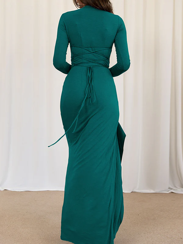 Bodycon High Waisted Asymmetric Pleated Ruffled Solid Color Split-Joint Round-Neck Maxi Dresses - Image 13