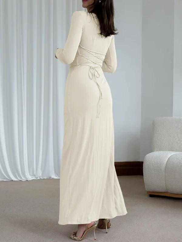 Bodycon High Waisted Asymmetric Pleated Ruffled Solid Color Split-Joint Round-Neck Maxi Dresses - Image 15