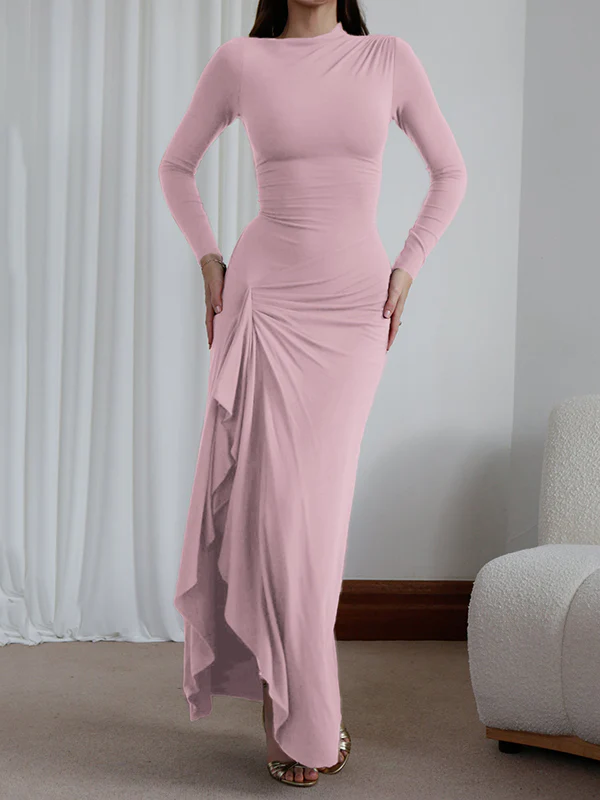 Bodycon High Waisted Asymmetric Pleated Ruffled Solid Color Split-Joint Round-Neck Maxi Dresses - Image 3