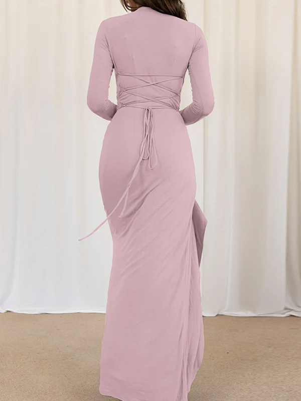 Bodycon High Waisted Asymmetric Pleated Ruffled Solid Color Split-Joint Round-Neck Maxi Dresses - Image 5