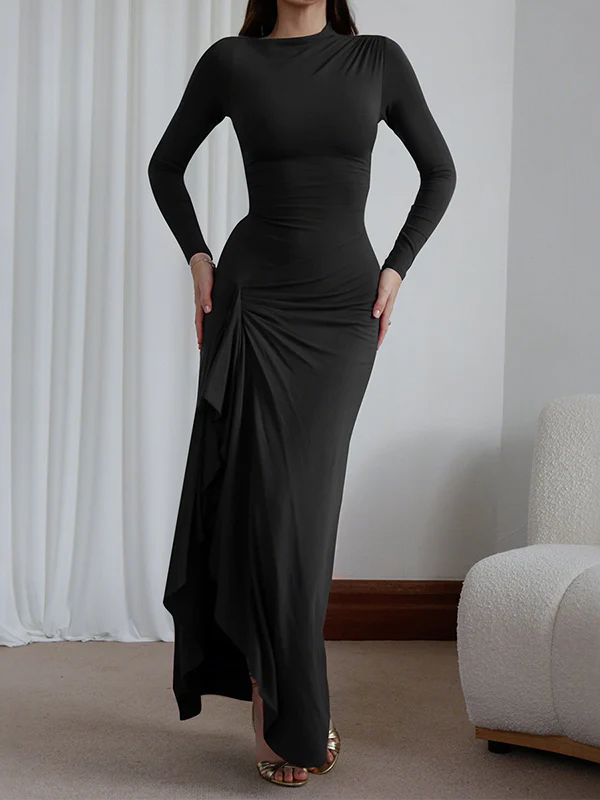 Bodycon High Waisted Asymmetric Pleated Ruffled Solid Color Split-Joint Round-Neck Maxi Dresses - Image 6