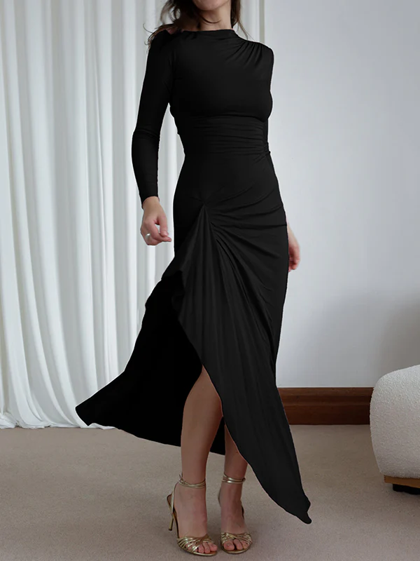 Bodycon High Waisted Asymmetric Pleated Ruffled Solid Color Split-Joint Round-Neck Maxi Dresses - Image 7