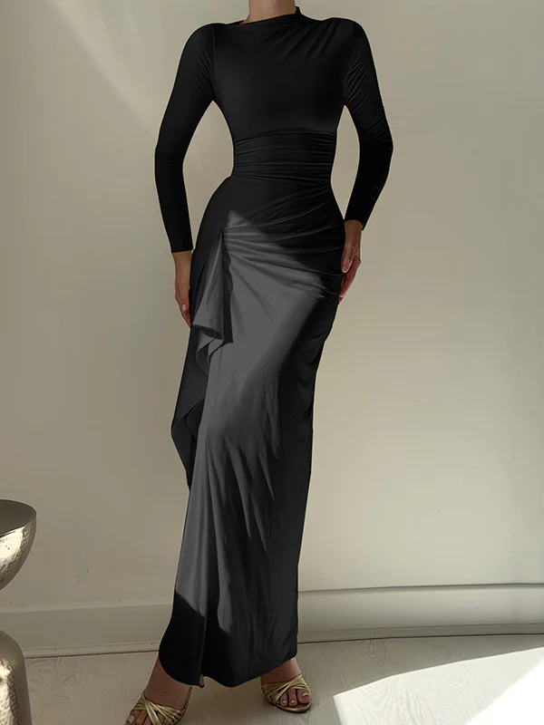 Bodycon High Waisted Asymmetric Pleated Ruffled Solid Color Split-Joint Round-Neck Maxi Dresses - Image 8