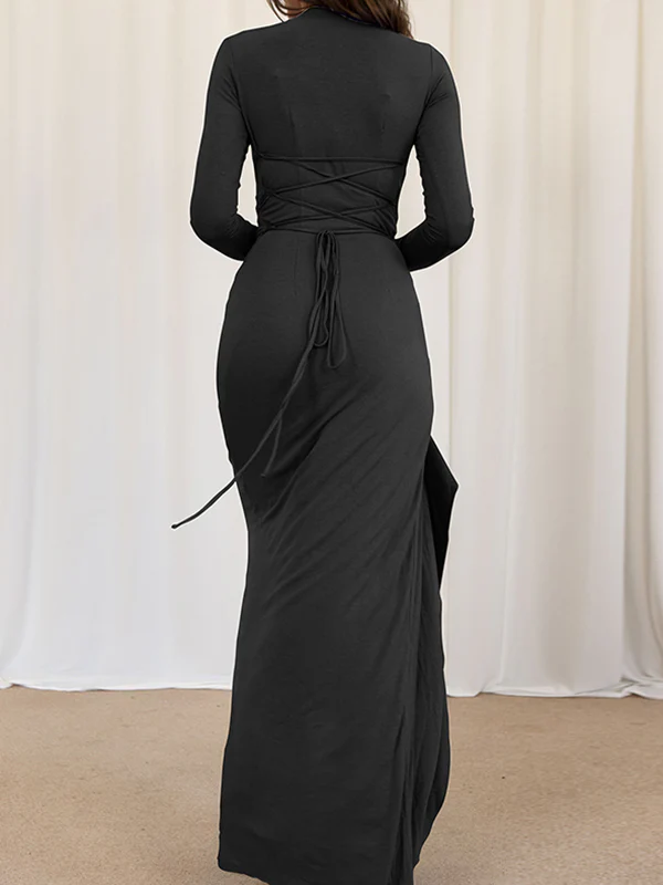 Bodycon High Waisted Asymmetric Pleated Ruffled Solid Color Split-Joint Round-Neck Maxi Dresses - Image 9