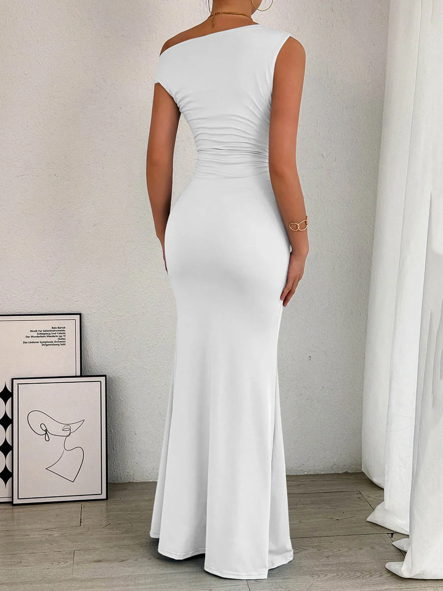 Bodycon High Waisted Asymmetric Pleated Solid Color Split-Side One-Shoulder Maxi Dresses - Image 10
