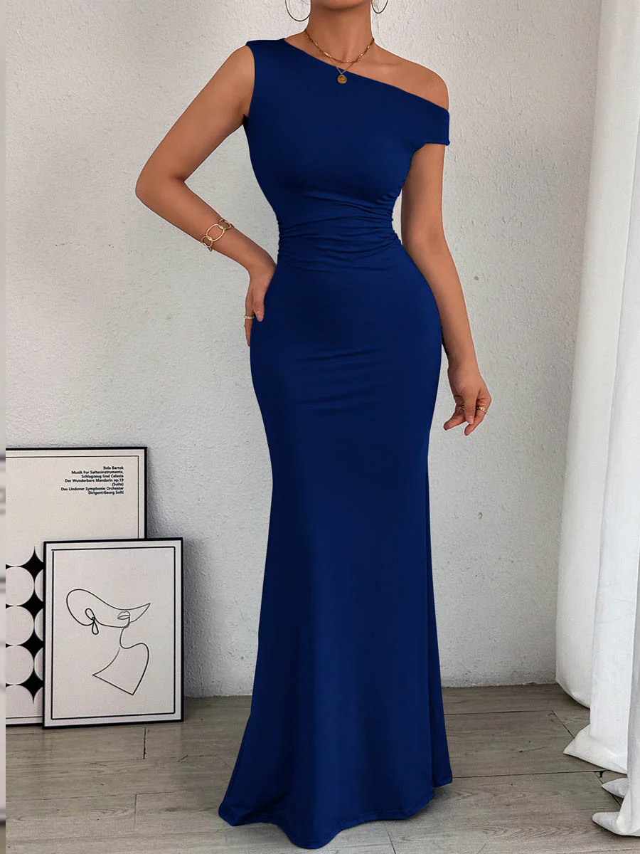 Bodycon High Waisted Asymmetric Pleated Solid Color Split-Side One-Shoulder Maxi Dresses - Image 11