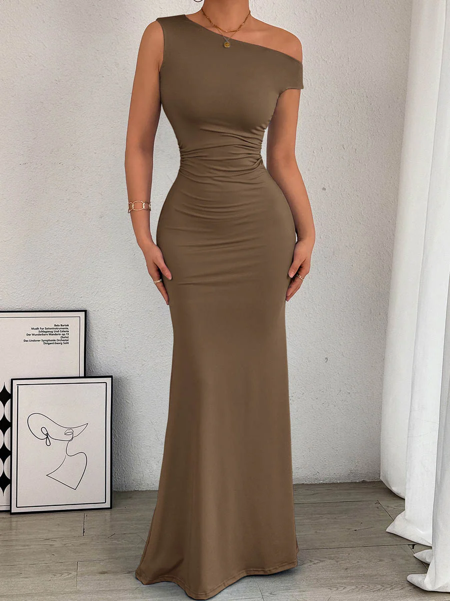 Bodycon High Waisted Asymmetric Pleated Solid Color Split-Side One-Shoulder Maxi Dresses - Image 13