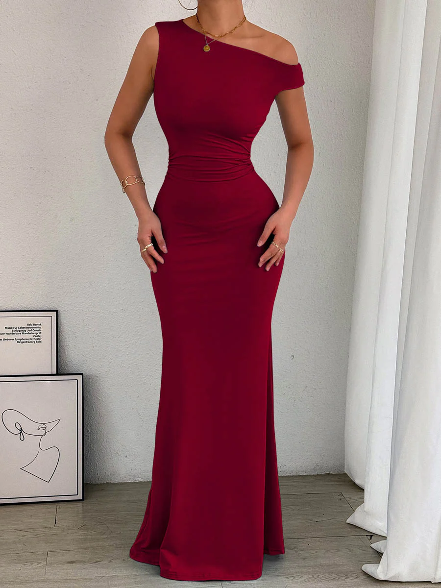 Bodycon High Waisted Asymmetric Pleated Solid Color Split-Side One-Shoulder Maxi Dresses - Image 3