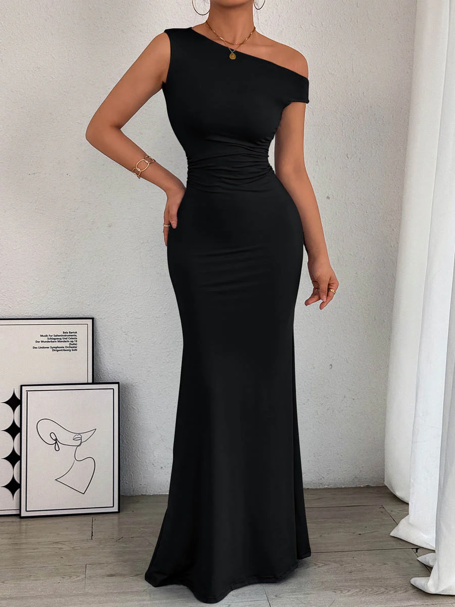Bodycon High Waisted Asymmetric Pleated Solid Color Split-Side One-Shoulder Maxi Dresses - Image 5