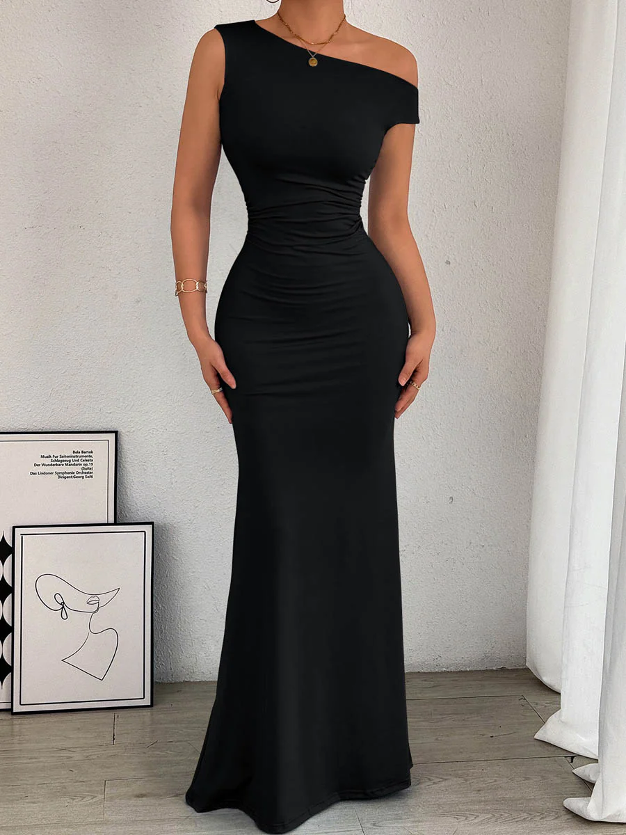 Bodycon High Waisted Asymmetric Pleated Solid Color Split-Side One-Shoulder Maxi Dresses - Image 6