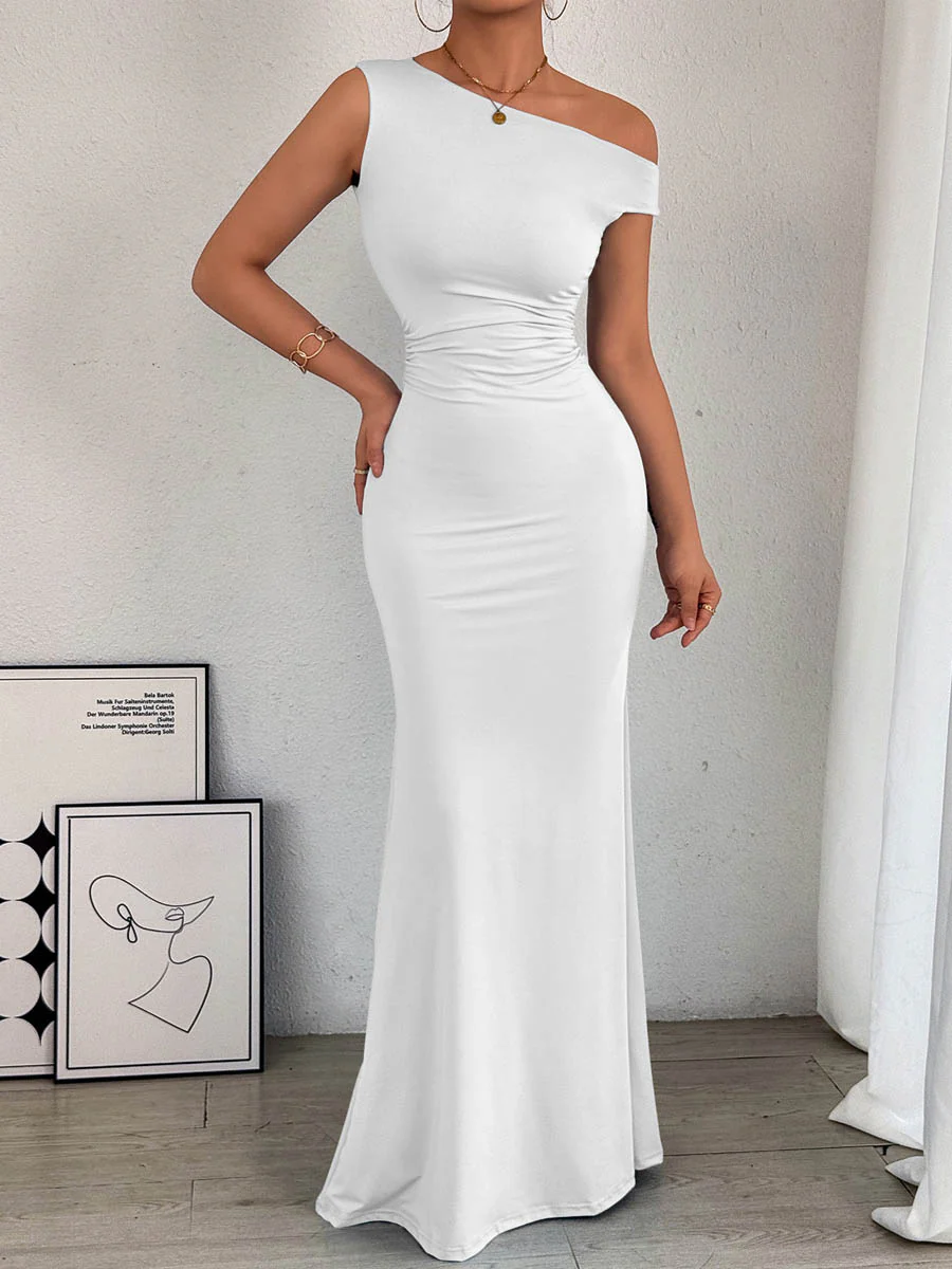 Bodycon High Waisted Asymmetric Pleated Solid Color Split-Side One-Shoulder Maxi Dresses - Image 8