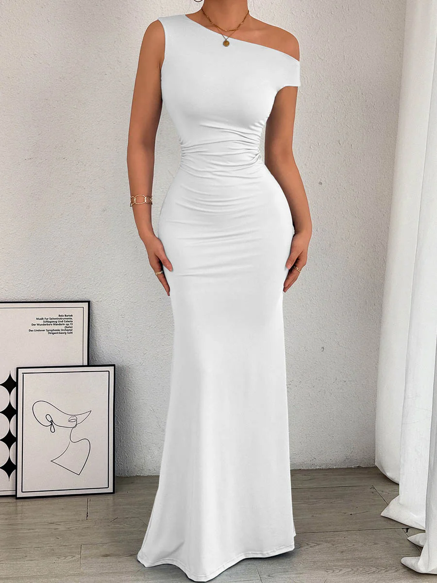 Bodycon High Waisted Asymmetric Pleated Solid Color Split-Side One-Shoulder Maxi Dresses - Image 9