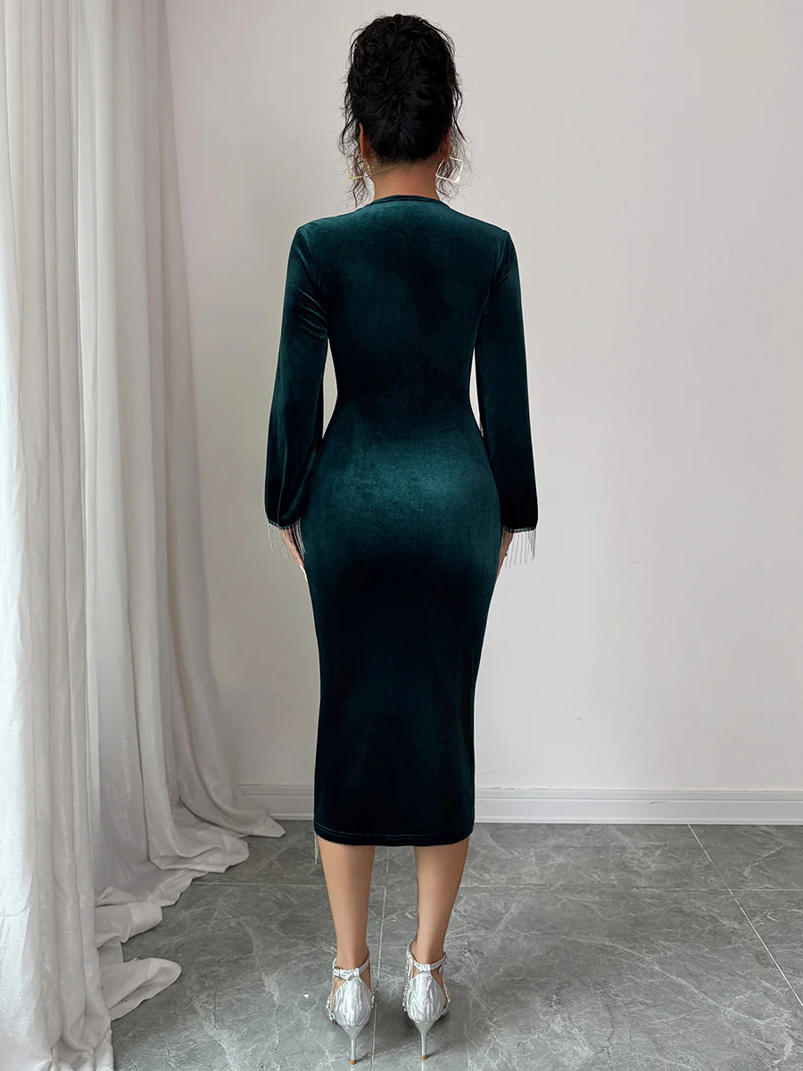 Bodycon High Waisted Asymmetric Split-Joint Tasseled Round-Neck Midi Dresses - Image 6