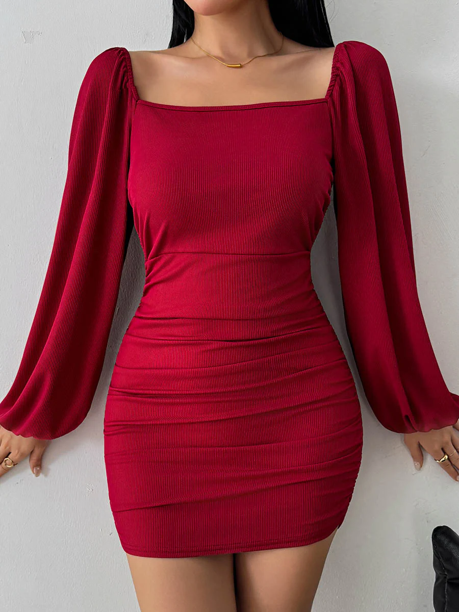 Bodycon High Waisted Backless Elasticity Pleated Solid Color Split-Joint Square-Neck Mini Dresses - Image 2