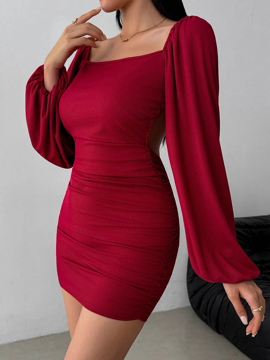 Bodycon High Waisted Backless Elasticity Pleated Solid Color Split-Joint Square-Neck Mini Dresses - Image 3