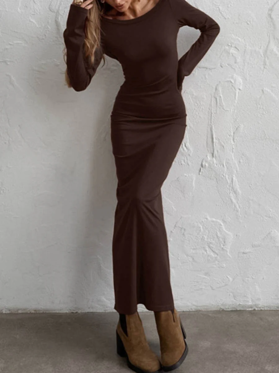 Bodycon High Waisted Backless Solid Color Round-Neck Maxi Dresses