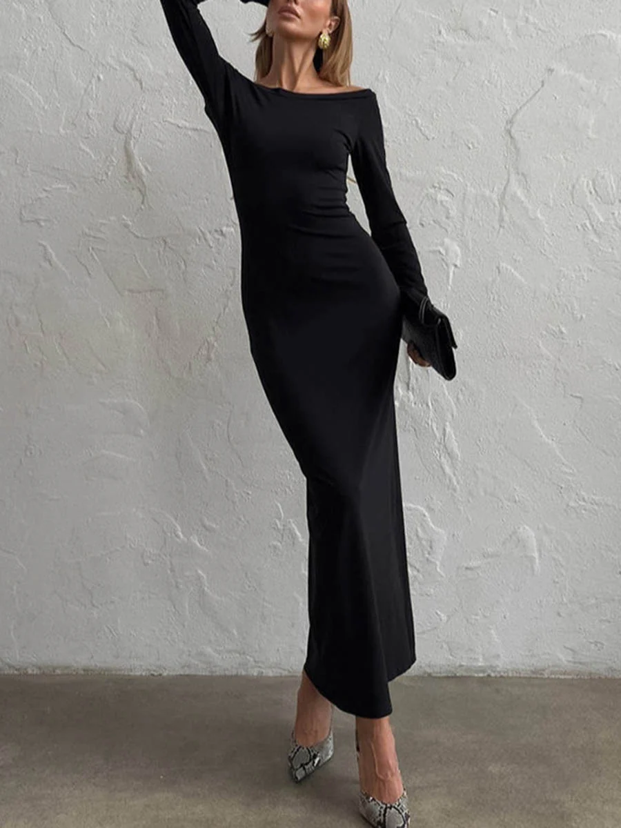Bodycon High Waisted Backless Solid Color Round-Neck Maxi Dresses - Image 2