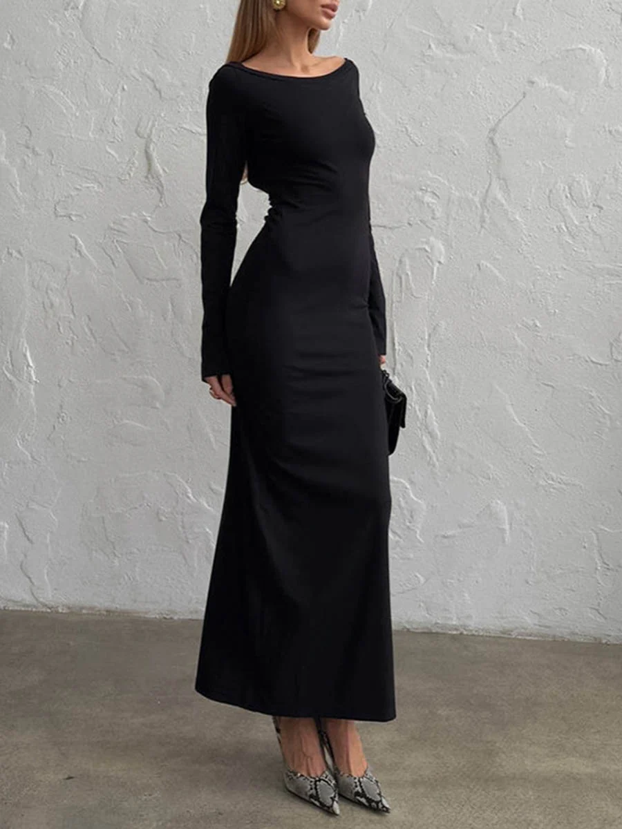 Bodycon High Waisted Backless Solid Color Round-Neck Maxi Dresses - Image 5