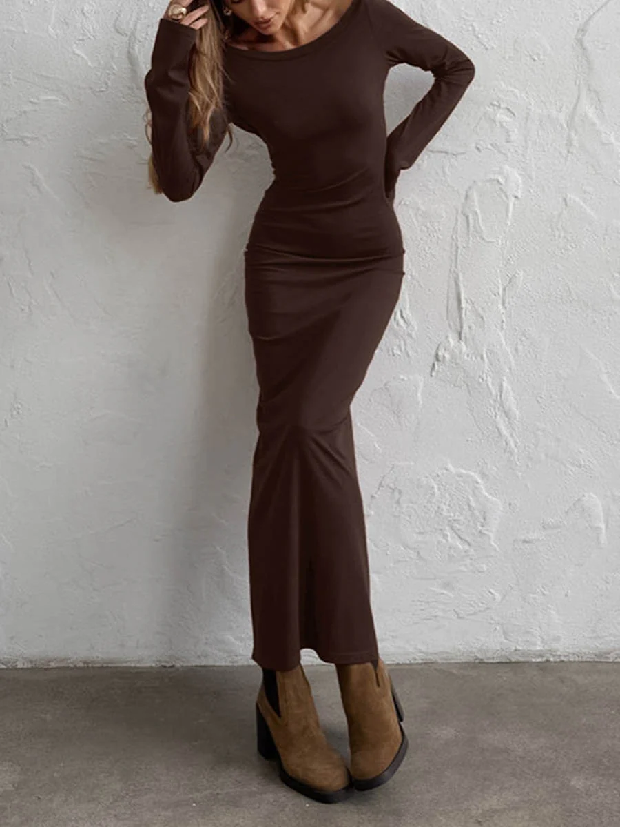 Bodycon High Waisted Backless Solid Color Round-Neck Maxi Dresses - Image 7