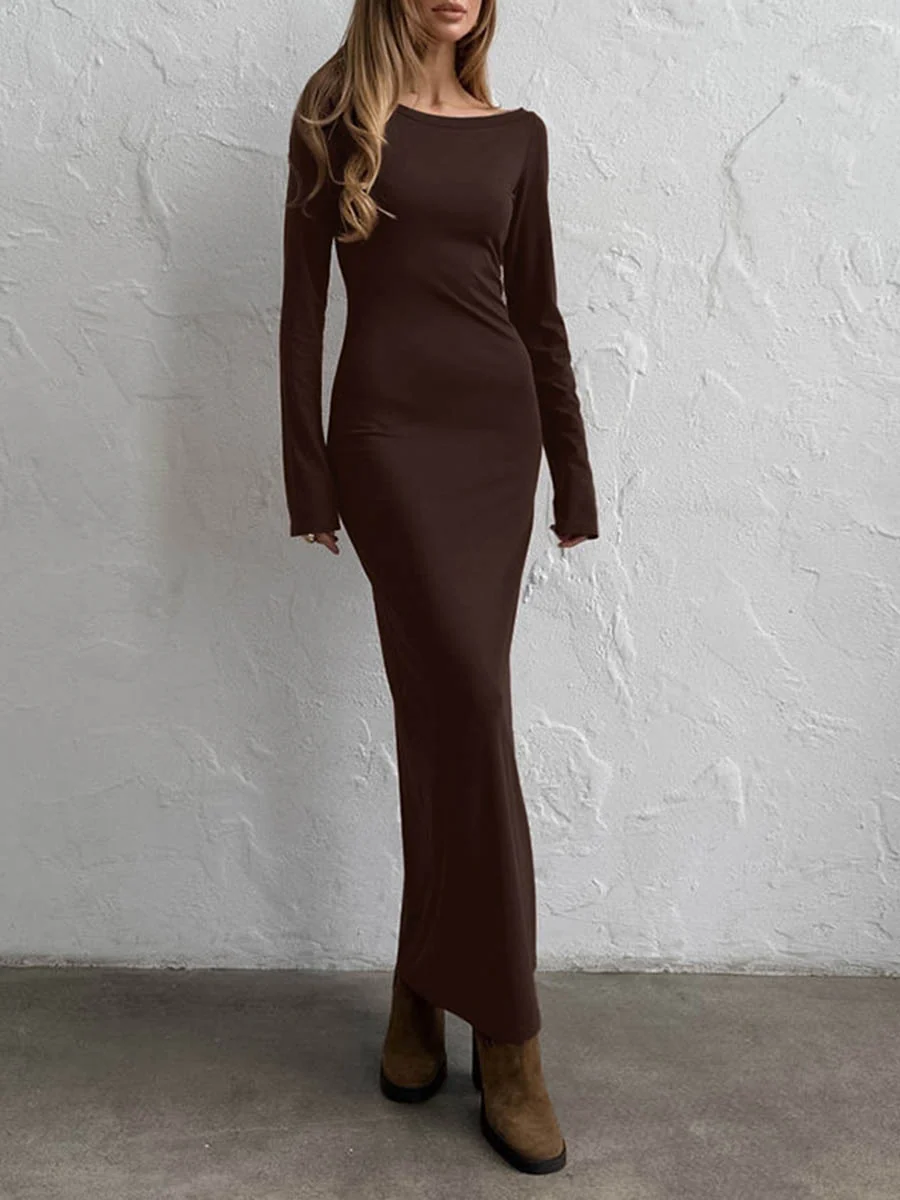 Bodycon High Waisted Backless Solid Color Round-Neck Maxi Dresses - Image 8
