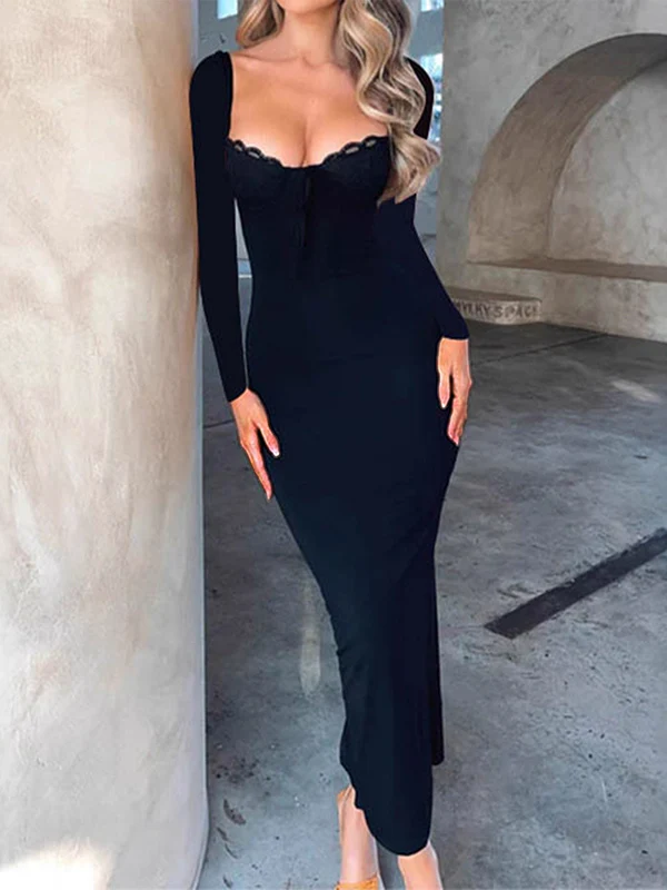 Bodycon High Waisted Bow-Embellished Solid Color Split-Joint Tied Square-Neck Maxi Dresses - Image 2