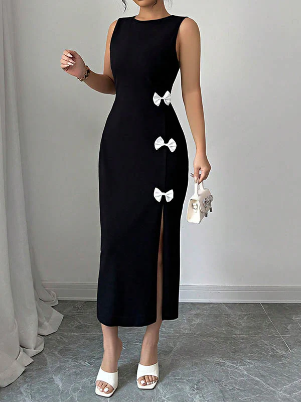 Bodycon High Waisted Bowknot Split-Side Round-Neck Midi Dresses - Image 3