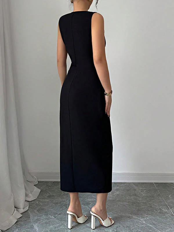 Bodycon High Waisted Bowknot Split-Side Round-Neck Midi Dresses - Image 5