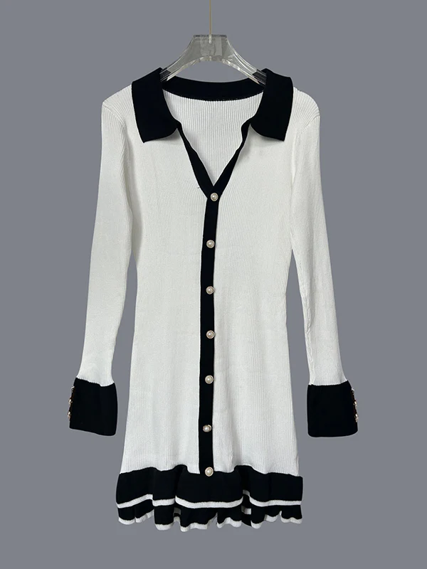 Bodycon High Waisted Buttoned Contrast Color Ruffled V-Neck Knit Dresses Mini Dresses - Image 4