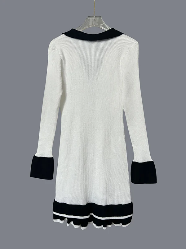 Bodycon High Waisted Buttoned Contrast Color Ruffled V-Neck Knit Dresses Mini Dresses - Image 5