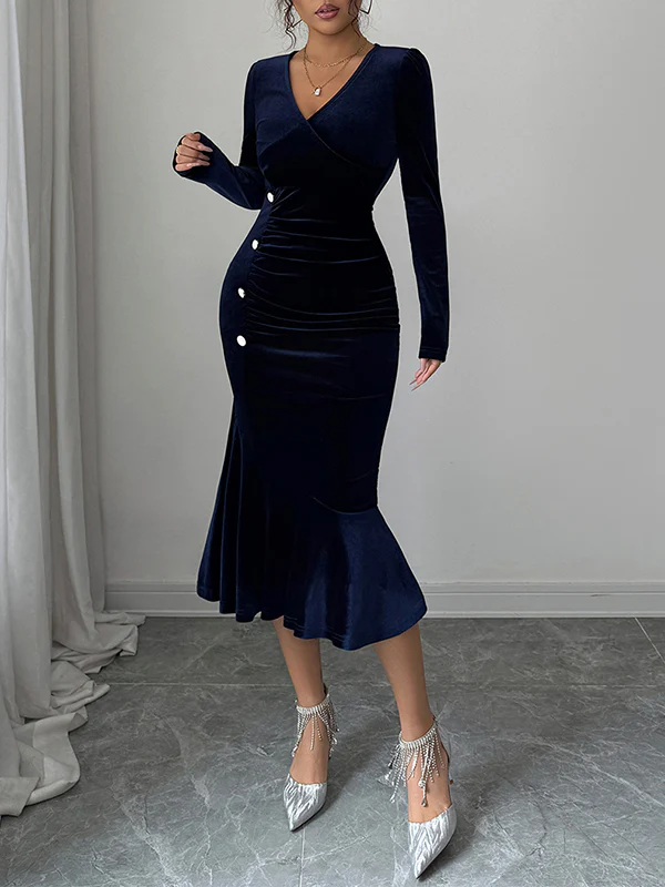 Bodycon High Waisted Buttoned Pleated Solid Color Velvet V-Neck Midi Dresses - Image 4