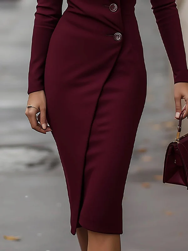 Bodycon High Waisted Buttoned Solid Color V-Neck Midi Dresses - Image 8