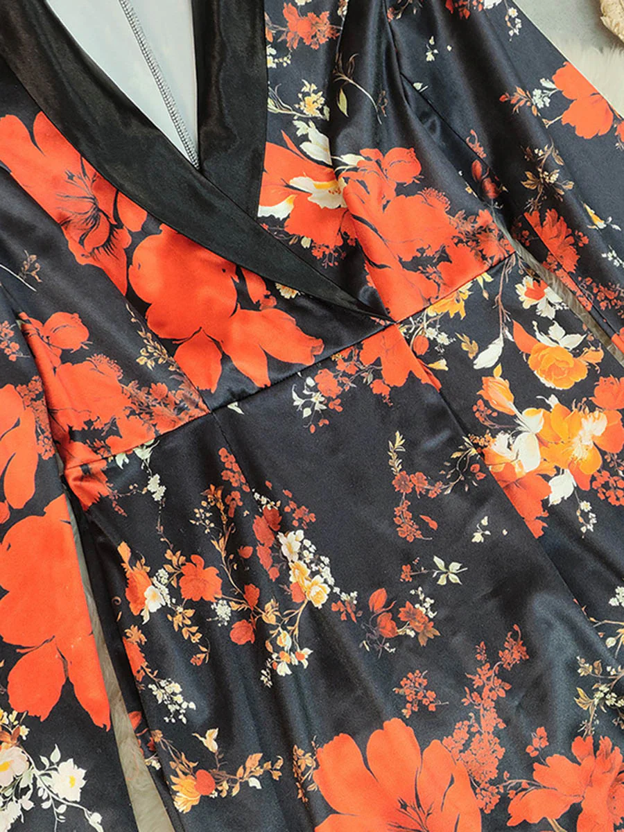 Bodycon High Waisted Contrast Color Flower Print Split-Back Split-Joint Lapel Mini Dresses - Image 2