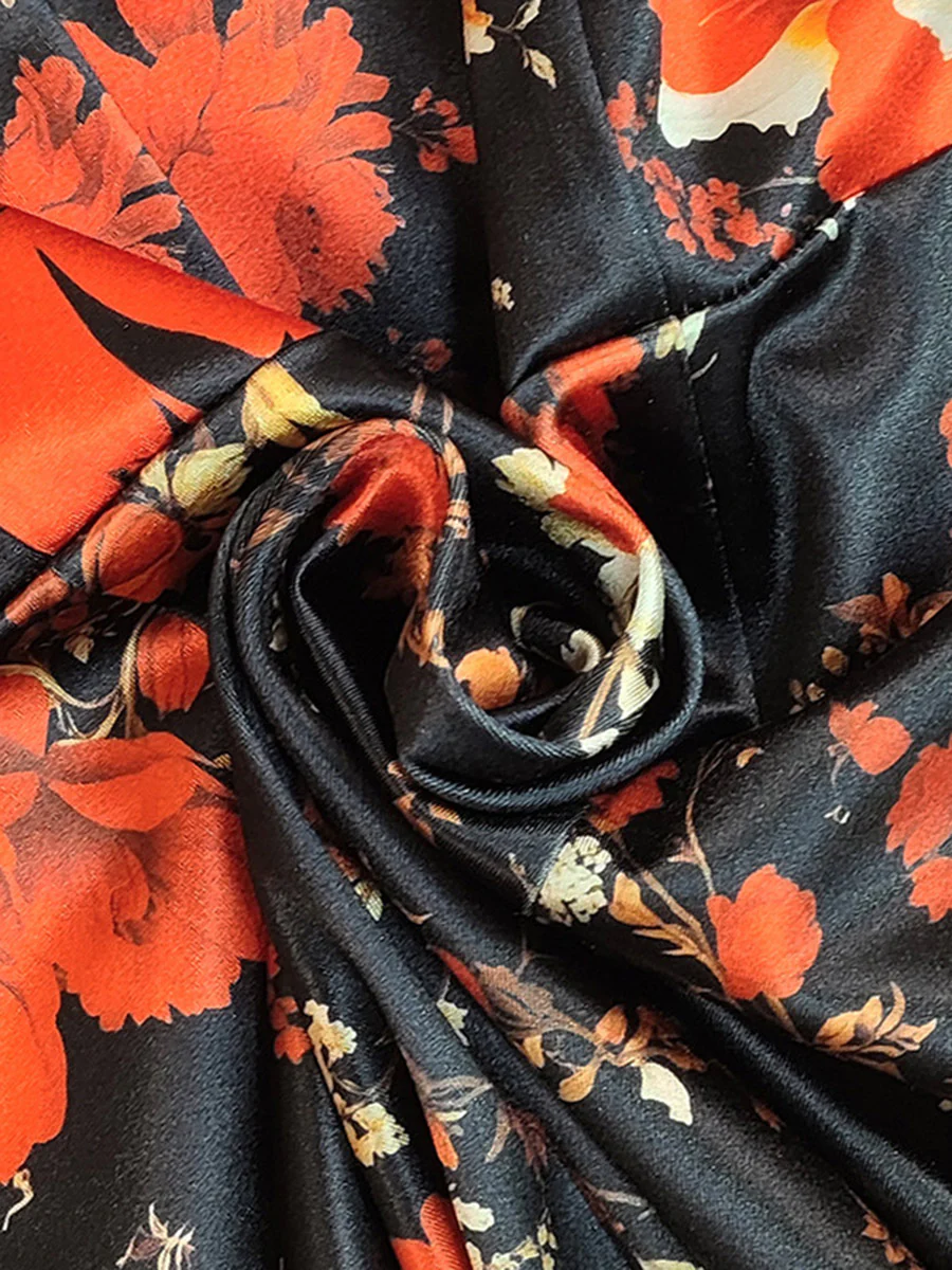 Bodycon High Waisted Contrast Color Flower Print Split-Back Split-Joint Lapel Mini Dresses - Image 3