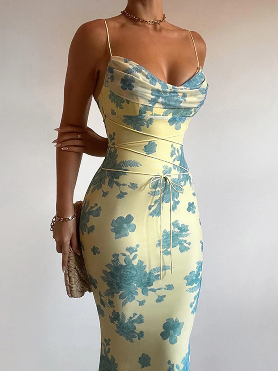 Bodycon High Waisted Contrast Color Flower Print Split-Joint Tied Spaghetti-Neck Maxi Dresses - Image 10