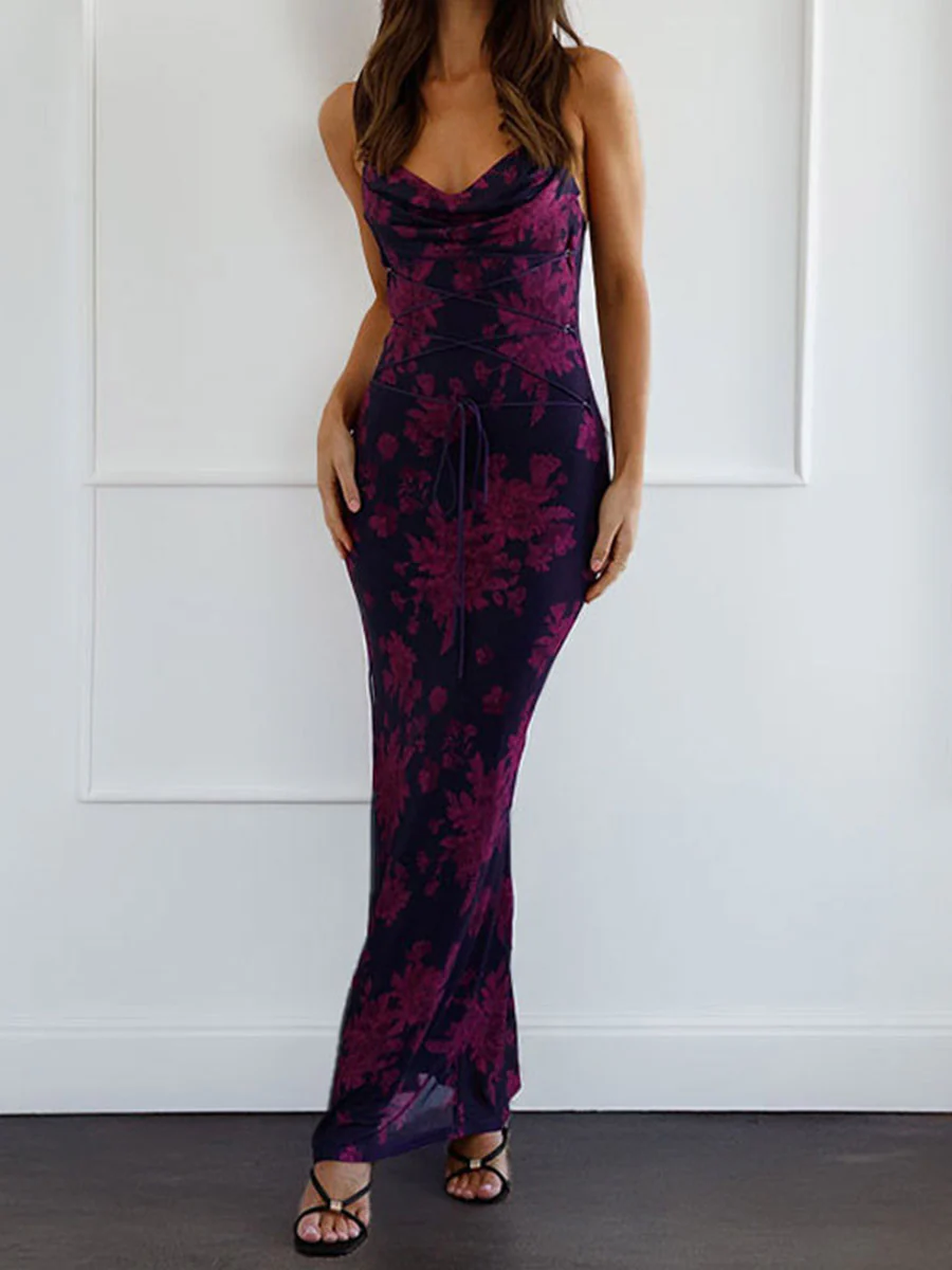 Bodycon High Waisted Contrast Color Flower Print Split-Joint Tied Spaghetti-Neck Maxi Dresses - Image 2