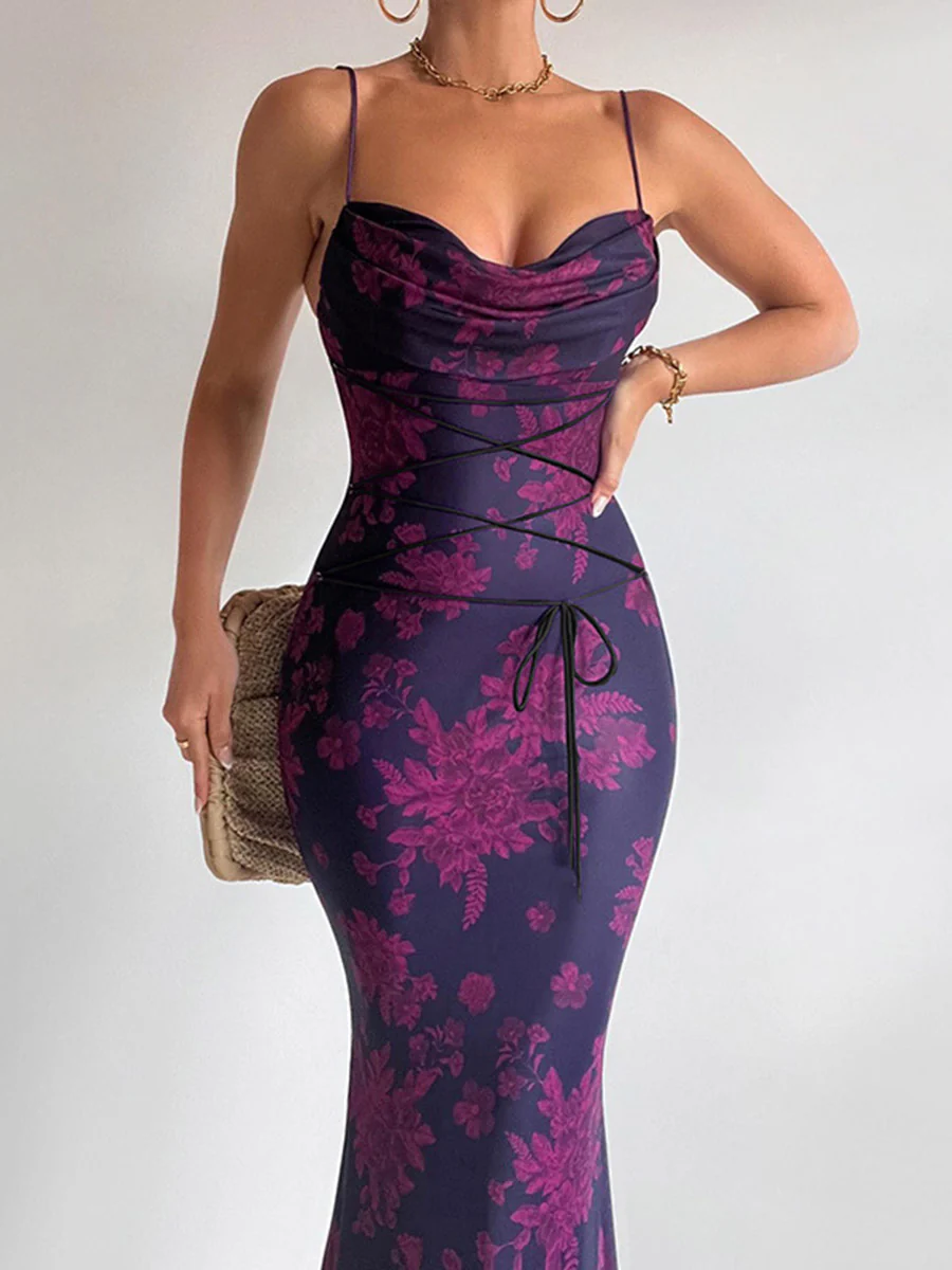 Bodycon High Waisted Contrast Color Flower Print Split-Joint Tied Spaghetti-Neck Maxi Dresses - Image 4