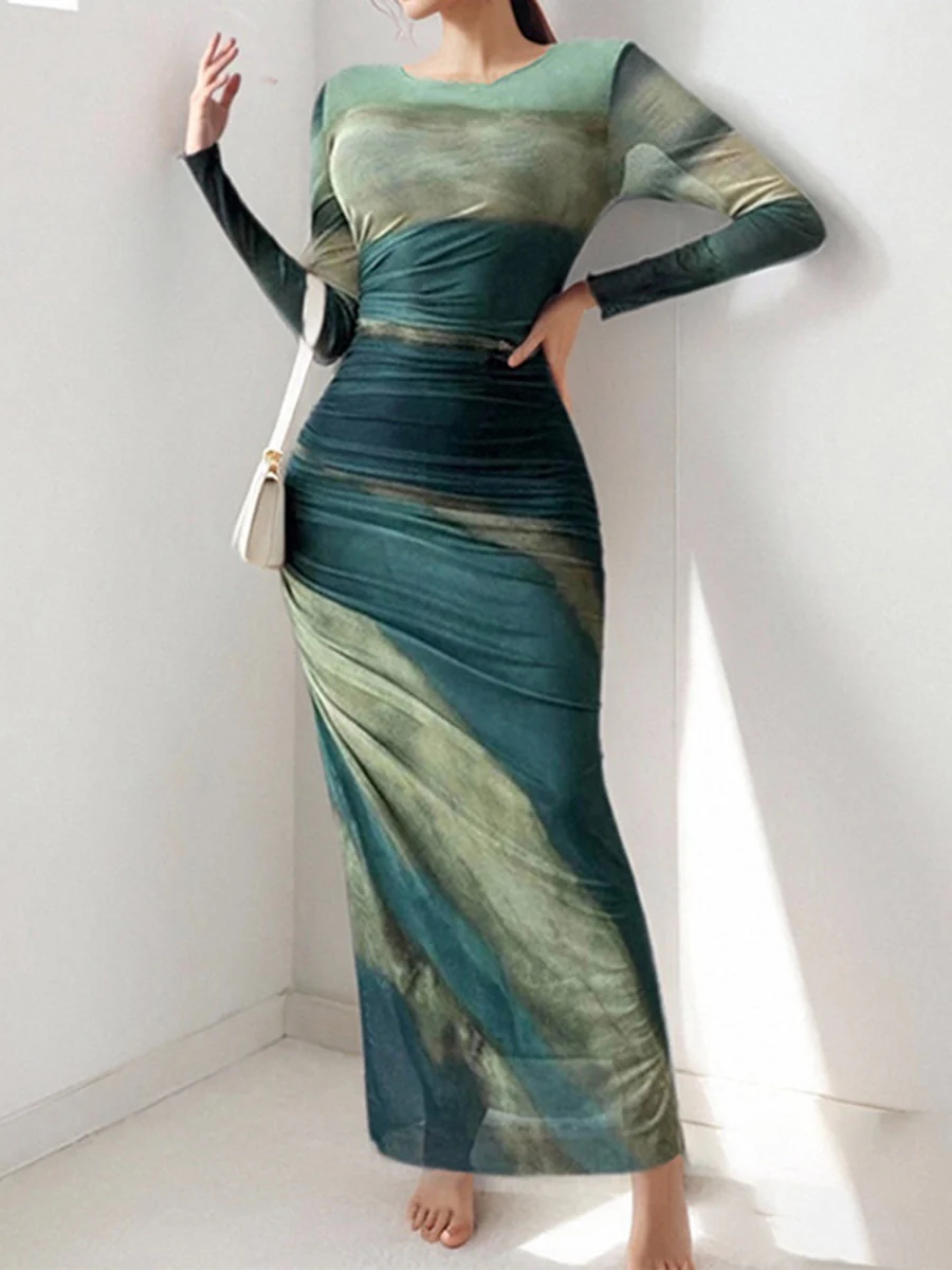 Bodycon High Waisted Contrast Color Pleated Printed Split-Joint Round-Neck Maxi Dresses