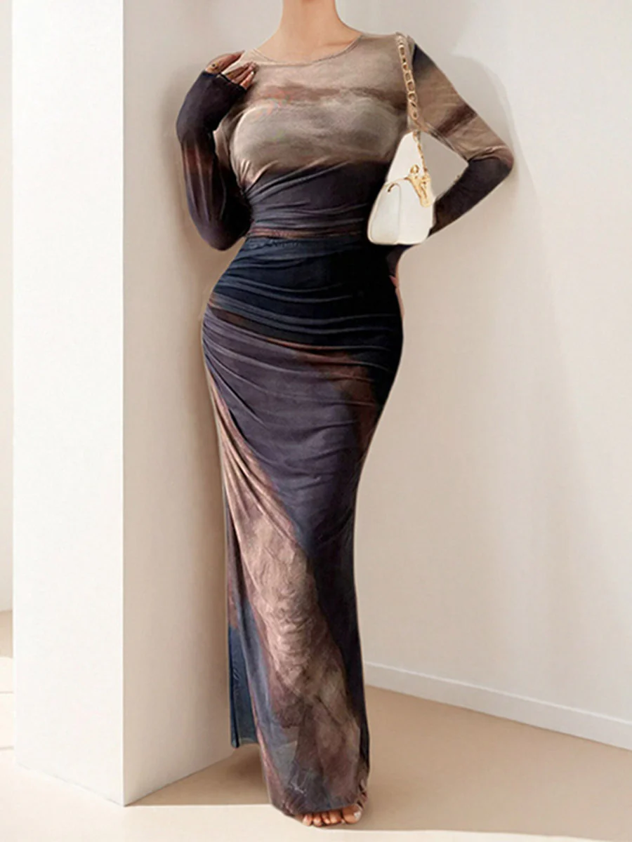 Bodycon High Waisted Contrast Color Pleated Printed Split-Joint Round-Neck Maxi Dresses - Image 2