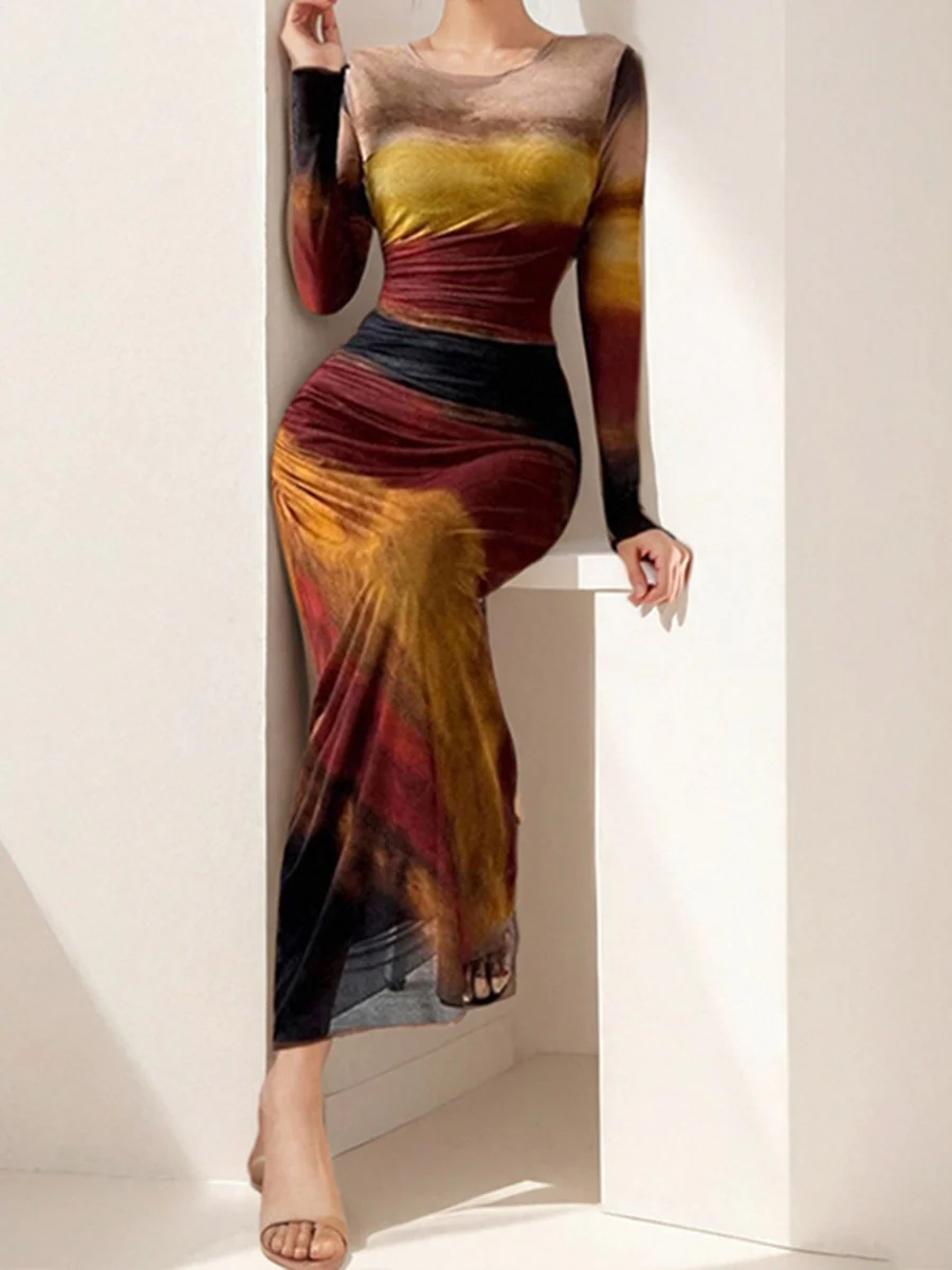 Bodycon High Waisted Contrast Color Pleated Printed Split-Joint Round-Neck Maxi Dresses - Image 3