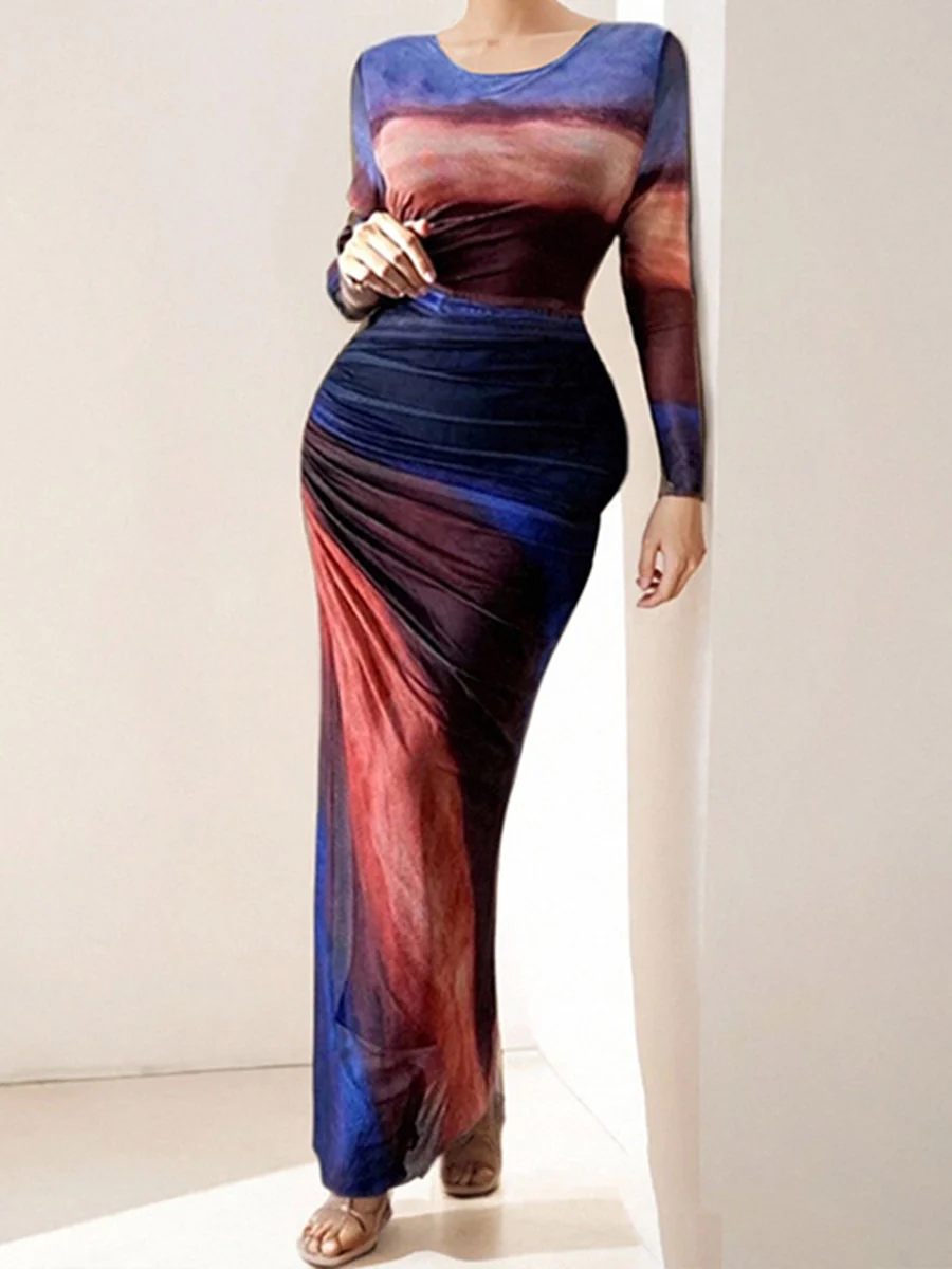 Bodycon High Waisted Contrast Color Pleated Printed Split-Joint Round-Neck Maxi Dresses - Image 5