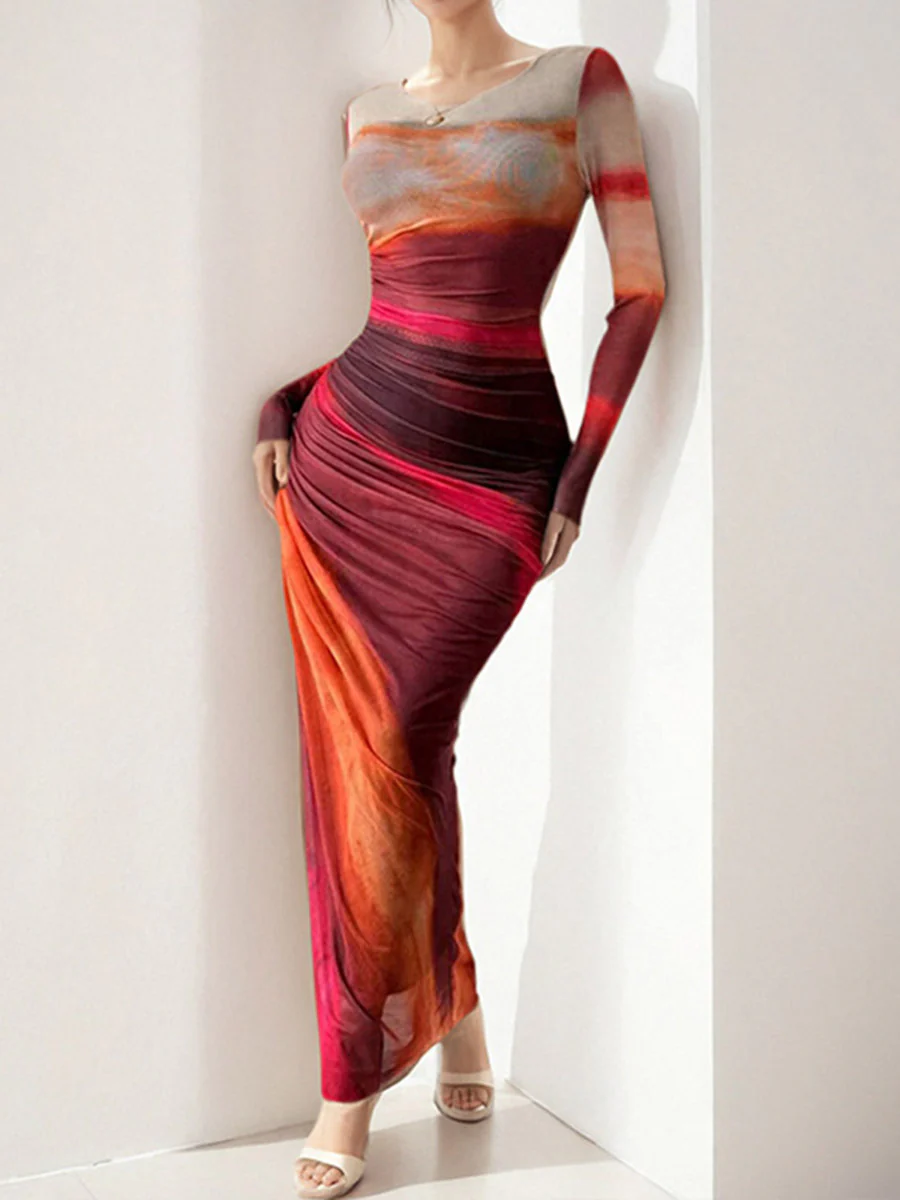 Bodycon High Waisted Contrast Color Pleated Printed Split-Joint Round-Neck Maxi Dresses - Image 6