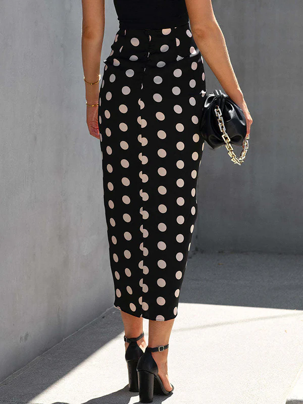 Bodycon High Waisted Drawstring Pleated Polka-Dot Split-Front Skirts Bottoms - Image 5