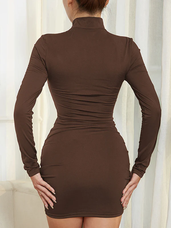 Bodycon High Waisted Drawstring Pleated Solid Color Mock Neck Mini Dresses - Image 11